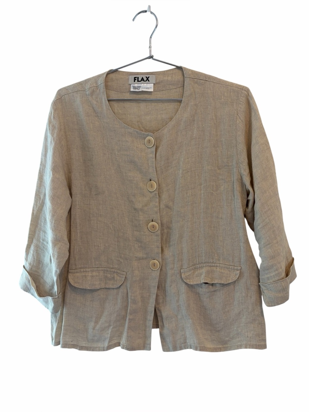 Flax Women's Natural Linen Round-Neck Blazer in Beige